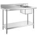 A Regency stainless steel work table with a sink on the right, sink, shelf, and drain.