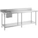 A Regency stainless steel work table with a sink on the left.
