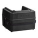 A black plastic Lancaster Table & Seating booster seat with a strap.