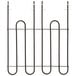 A black metal heating element with curved lines and three hooks.