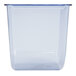 A clear plastic container with a blue lid.