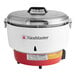 A white and red Town RS-50N-R gas rice cooker with lid.