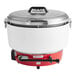 A white and red Town natural gas rice cooker with a lid.