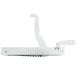 A white metal door hinge with a curved handle.