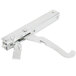 A silver metal Cooking Performance Group left door hinge with screws and a handle.