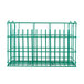 A green wire rack with 14 compartments for square plates.