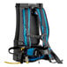 A black and blue Lavex backpack vacuum with straps.