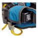 A blue and yellow Lavex backpack vacuum with a cord attached.