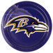 A Creative Converting Baltimore Ravens paper dinner plate with the Baltimore Ravens logo on it.