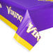 A purple table cover with yellow and white Minnesota Vikings logos.