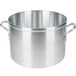 A large silver aluminum sauce pot with two handles.