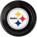 A black Creative Converting paper dinner plate with the Pittsburgh Steelers logo on it.