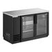 A True black back bar refrigerator with glass doors.