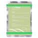 A white menu card with text and swirls on green bands with silver foil.