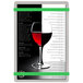 A Menu Solutions Alumitique menu board with green bands displayed on a table with a glass of wine.