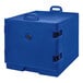 A navy blue front-loading insulated tray and sheet pan carrier designed for full size pans.