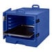 A navy blue front-loading insulated tray and sheet pan carrier designed for full size pans.