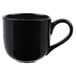 A black coffee mug with a handle.