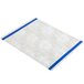 A white rectangular menu board with navy blue bands.