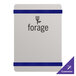 A white and blue notepad with a brushed aluminum cover with navy bands and black text.