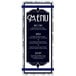 A Menu Solutions Alumitique aluminum menu board with navy bands and blue and white text on a white background.
