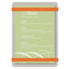 A Menu Solutions Alumitique menu board with orange bands holding a white menu card.