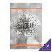 A silver metal Menu Solutions Alumitique menu board with orange bands and a logo.
