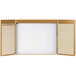 A wooden cabinet with an oak laminate white board on it.