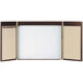 A wooden cabinet with a white rectangular walnut veneer board with a brown border.