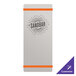 A white rectangular brushed aluminum menu board with orange bands.