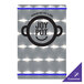 A close up of a Menu Solutions Alumitique menu board with a logo in silver and royal blue.