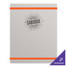 A white brushed aluminum Menu Solutions notebook with black text and orange bands on the counter.