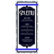 A white customizable Menu Solutions aluminum menu board with blue swirls and blue bands.