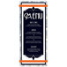 A white menu board with orange bands and black swirls.