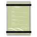 A Menu Solutions customizable brushed aluminum menu board with black bands holding a white menu card with black straps.