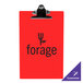 A red acrylic Menu Solutions clipboard with black text that says "Forge" on it.