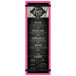 A pink Menu Solutions acrylic menu board with black rubber band straps and white text.