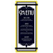 A yellow Menu Solutions acrylic menu board with black and yellow rubber band straps.