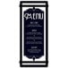 A black customizable acrylic menu board with rubber band straps holding a white menu card.