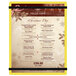 A yellow Menu Solutions acrylic menu board on a table.