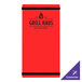 A red rectangular Menu Solutions menu board with black rubber bands on a counter.