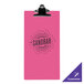 A pink Menu Solutions acrylic clipboard with black text on it.