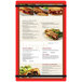 A red Menu Solutions acrylic menu board with a sandwich menu.