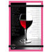 A pink Menu Solutions acrylic menu board with rubber band straps on a white background with a glass of wine.