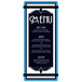 A blue acrylic menu board with white and black text.