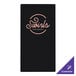 A black Menu Solutions acrylic board with rubber bands holding a white and purple logo.