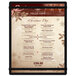 A black Menu Solutions menu board with rubber band straps on a table in a buffet restaurant.