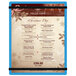 A blue Menu Solutions customizable acrylic menu board with rubber band straps on a table in a fine dining restaurant.
