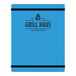 A blue rectangular Menu Solutions menu board with black rubber bands.
