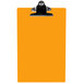 An orange rectangular acrylic clipboard with a black clip.